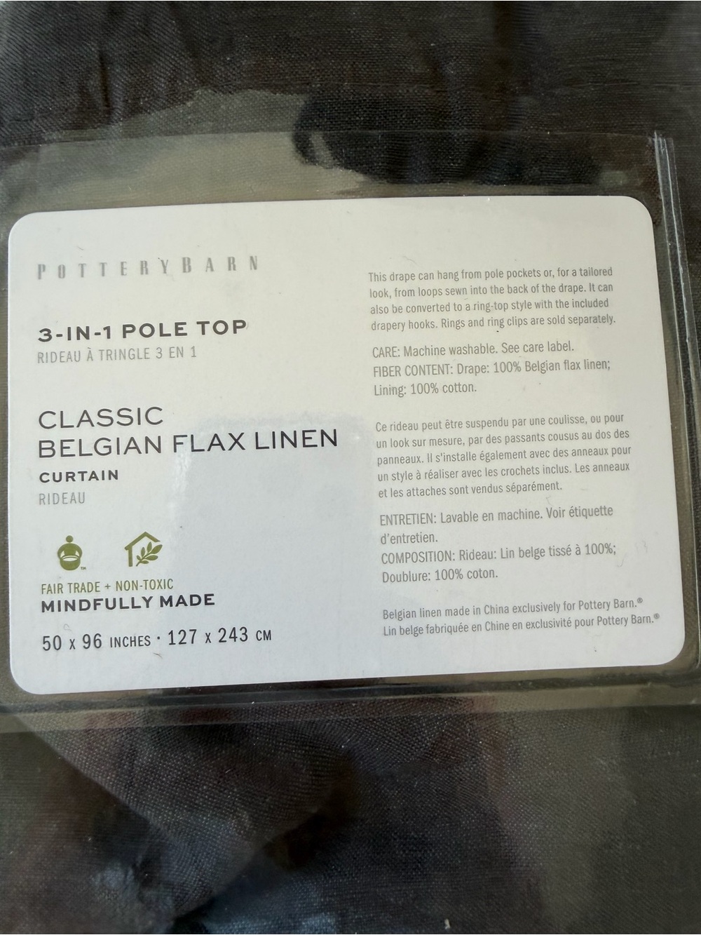 Pottery Barn Ebony Classic Belgian Flax Linen Curtain - 3-in-1 Pole Top